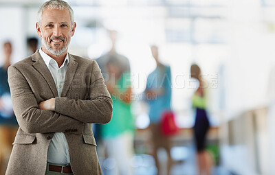 Business, man and happy office portrait, mature confident and smile for creative agency or workplace growth. Worker, employee and manager for company mission, professional vision and career pride