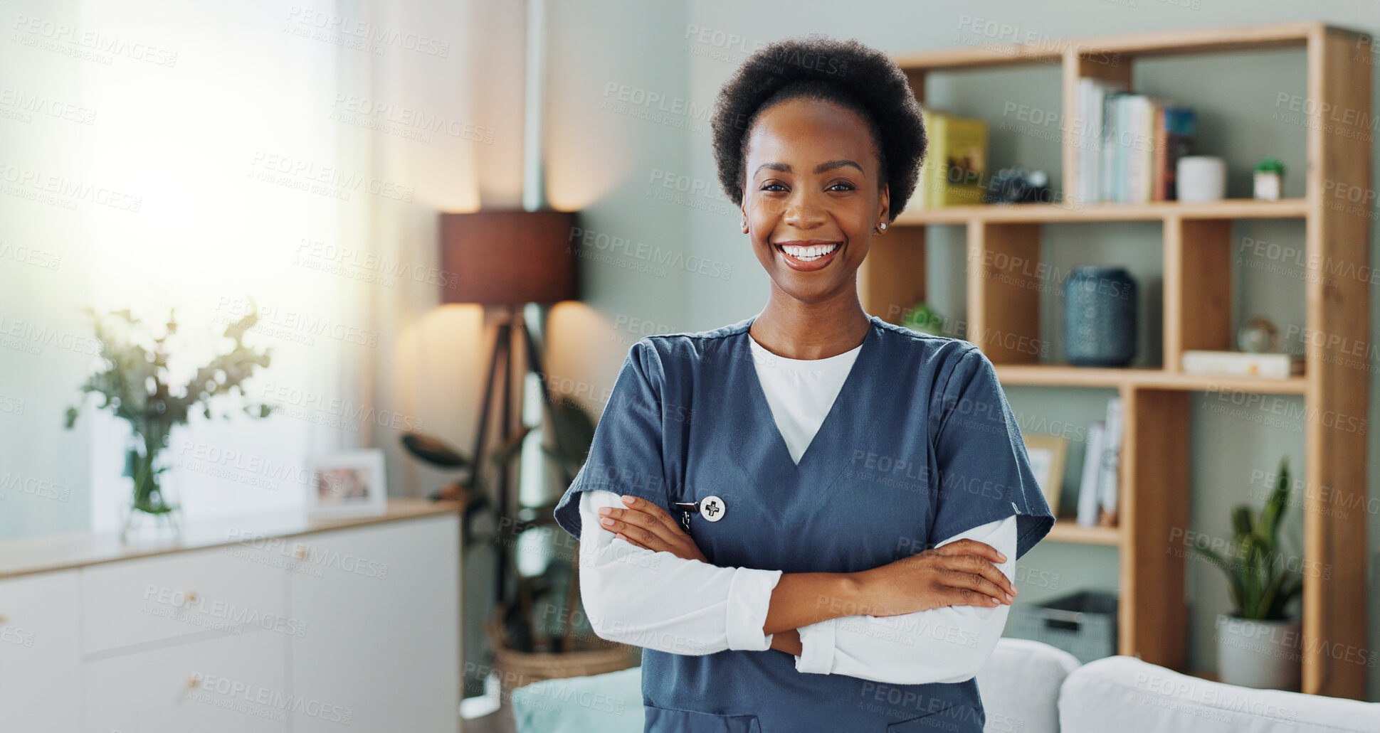 Buy stock photo Happy, confident or nurse in healthcare, clinic or support as wellness, medicine or service. Woman, health professional or arms crossed in pride, joy or ambition at at specialist medical career