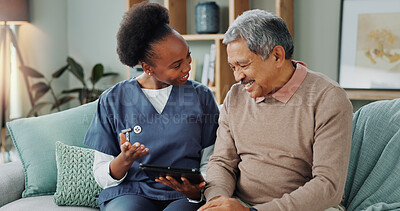 Tablet, healthcare and nurse in home by senior man, internet and communication on wellness on sofa. African caregiver, elderly person and technology for learning or help and trust in chronic illness