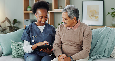 Tablet, healthcare and black nurse in home by senior man, internet and communication on wellness on sofa. African caregiver, elderly person and technology for learning and help in chronic illness