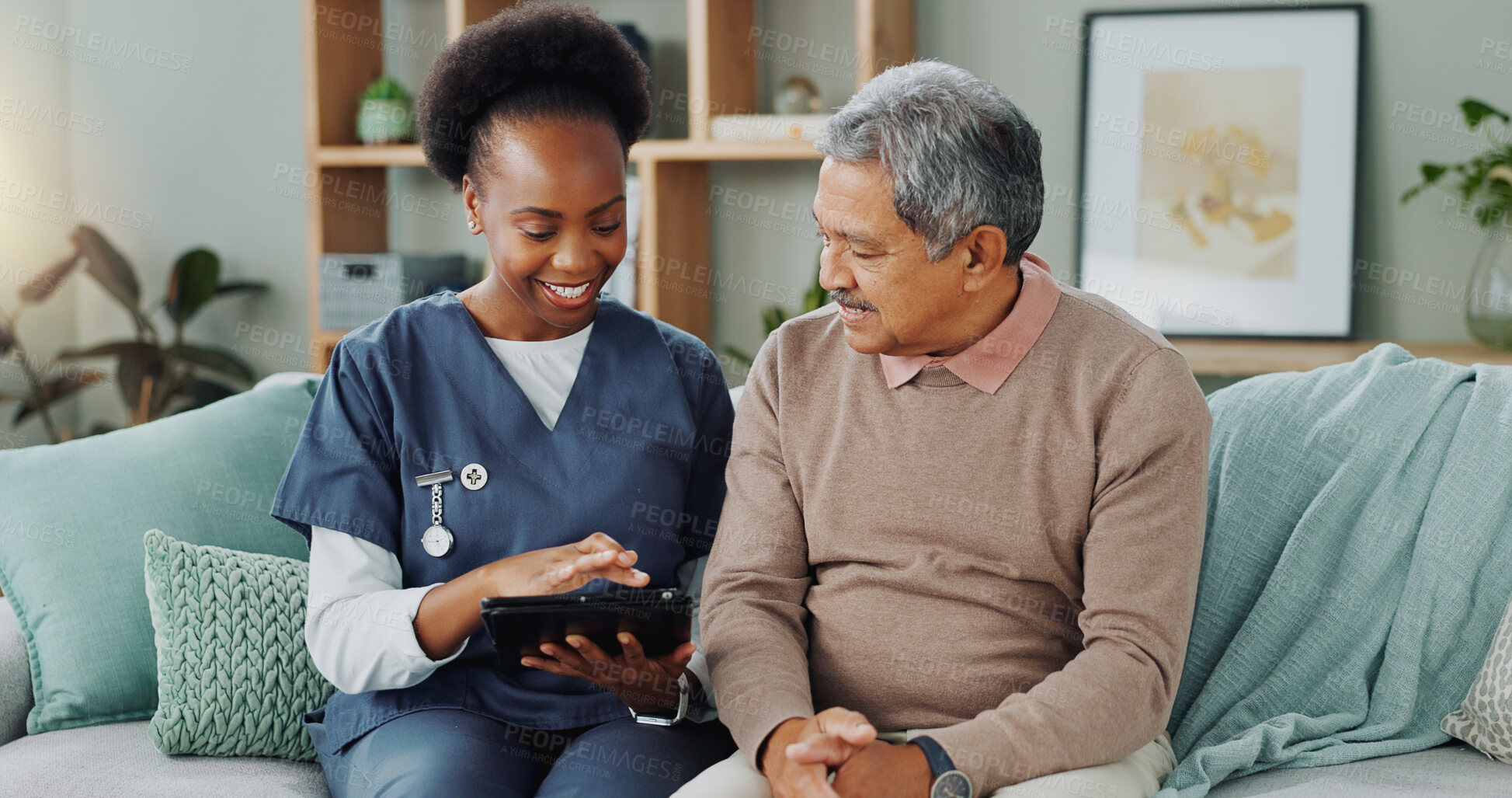 Buy stock photo Tablet, healthcare and black nurse in home by senior man, internet and communication on wellness on sofa. African caregiver, elderly person and technology for learning and help in chronic illness