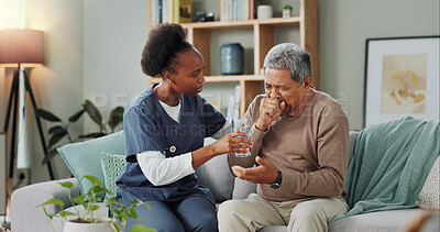 Elderly, man and coughing with nurse for healthcare with water, consultation support or chest pain. Senior patient, caregiver or sick with lung cancer, breathing problem or discomfort in nursing home