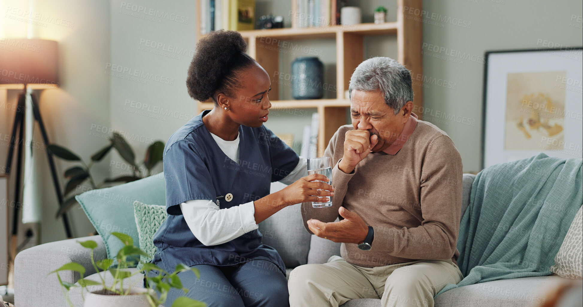 Buy stock photo Elderly, man and coughing with nurse for healthcare with water, consultation support or chest pain. Senior patient, caregiver or sick with lung cancer, breathing problem or discomfort in nursing home