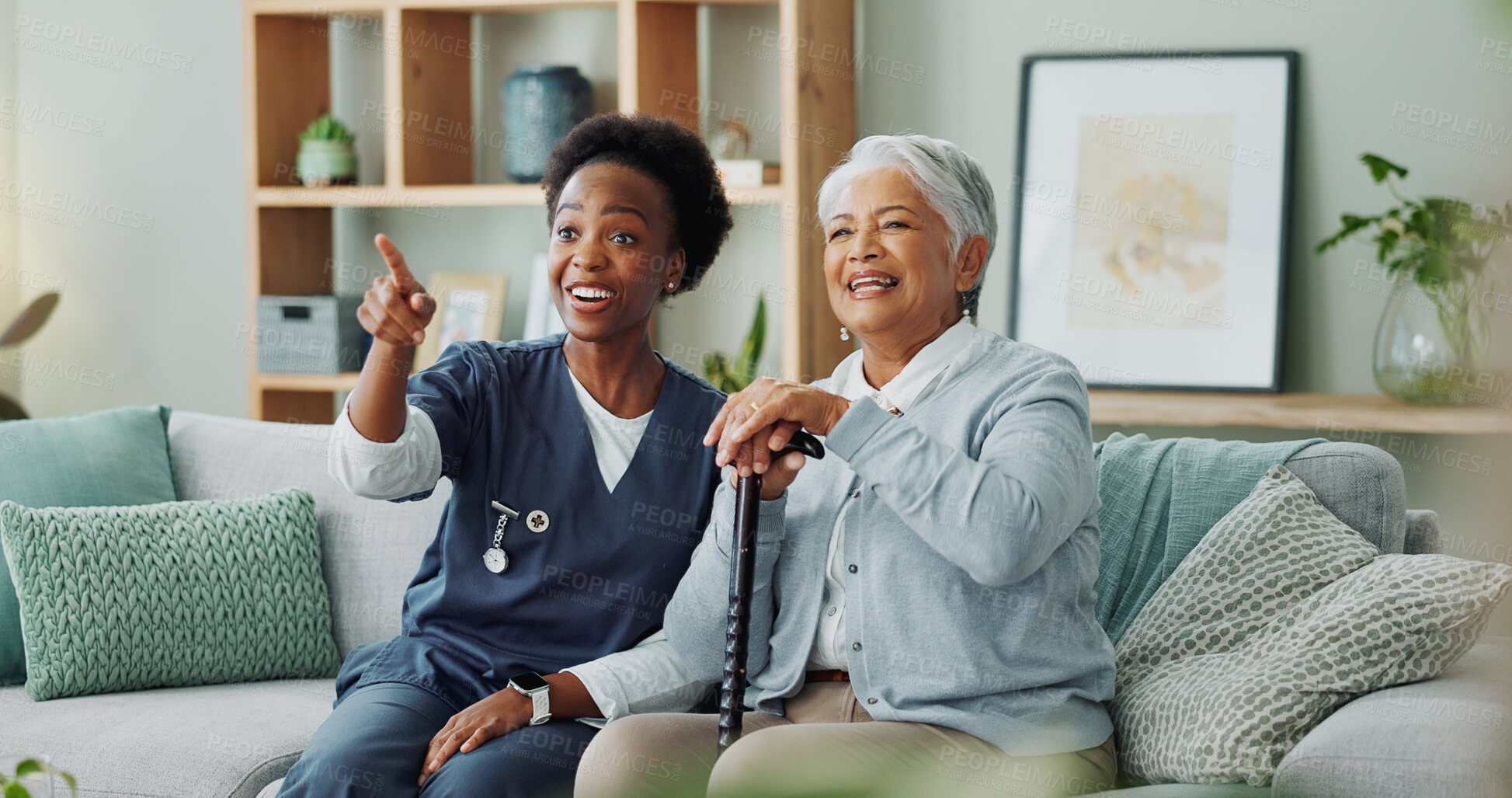 Buy stock photo Nurse, mature woman and television with entertainment, retirement and elderly care for health. Senior lady, home and cane with healthcare, caregiver and pensioner in home living room for wellness