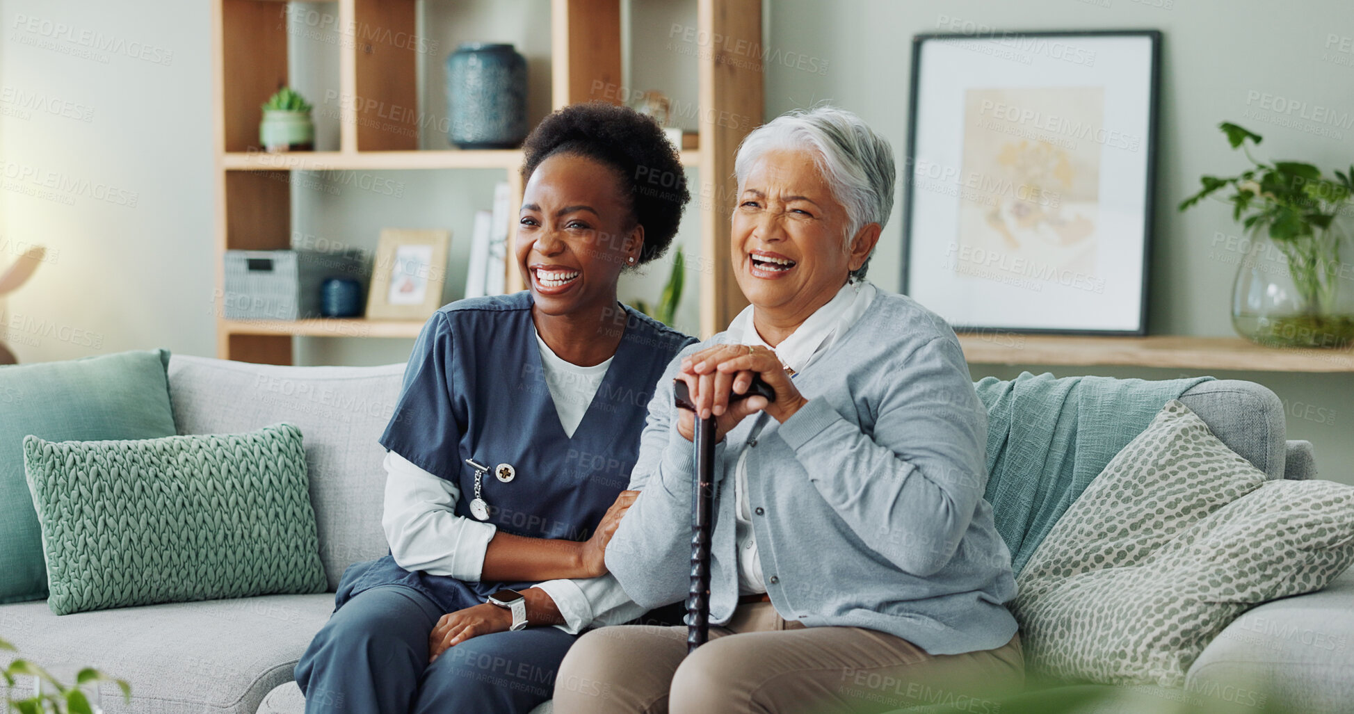 Buy stock photo Nurse, mature woman and television with entertainment, retirement and elderly person with break Senior lady, happiness or cane with healthcare, caregiver or pensioner in home living room for homecare