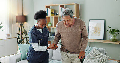 Senior, man and caregiver with help or walking stick for mobility, injury healing and retirement support in nursing home. Elderly person, nurse and helpful with movement and medical care in homecare