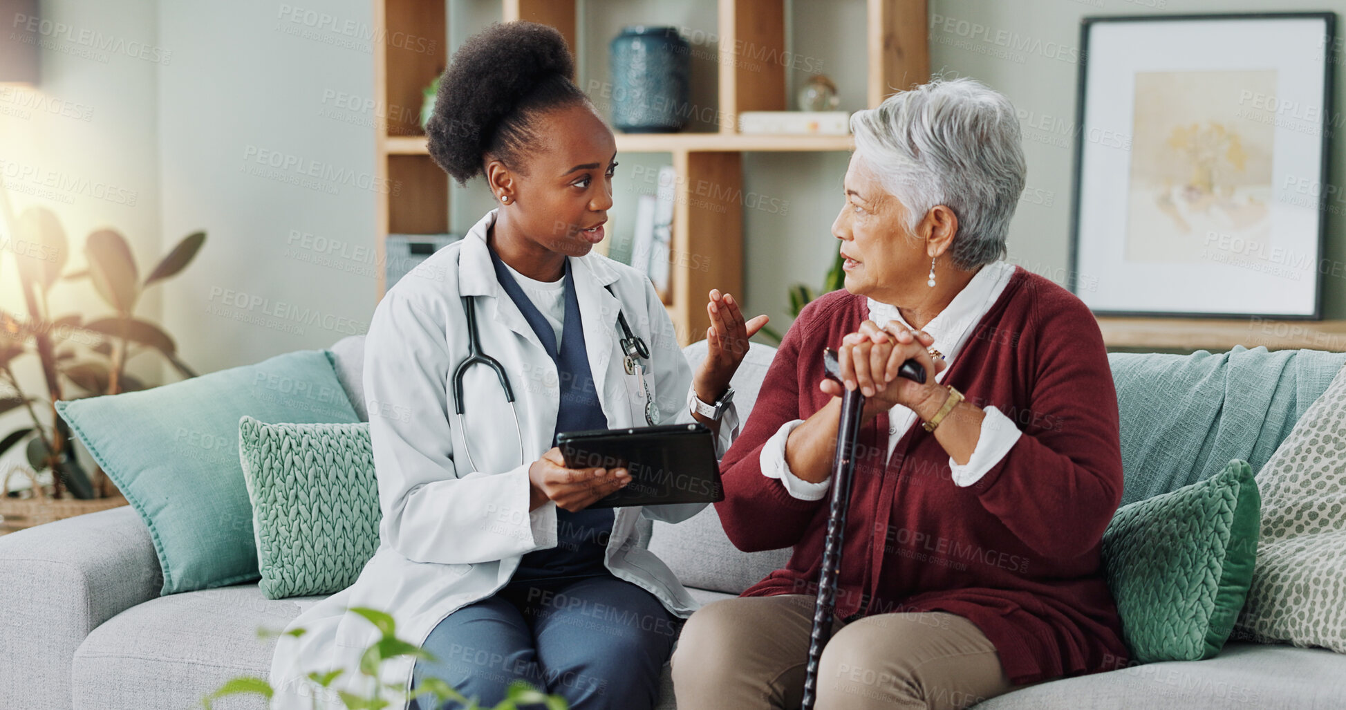 Buy stock photo Elderly, woman and doctor with tablet for consultation with expert advice, explaining and healthcare support. Senior patient, nurse and discussion in nursing home, medical diagnosis and assessment