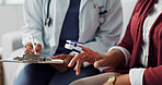 Doctor, patient, hands in closeup of oximeter to measure, diagnose or assess blood oxygen levels. Woman, stethoscope or medical technology to support healthcare communication in gp appointment