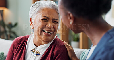 Buy stock photo Happy face, nurse and elderly patient in nursing home for healthcare and volunteer with charity on sofa. African caregiver, laughing and embrace a senior lady with trust and medical support on couch