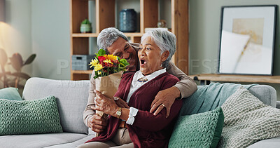 Buy stock photo Senior man, flowers and woman on couch for surprise, anniversary and present for birthday in living room. Happy couple, elderly people and plants on home sofa for gift with love, smile and retirement