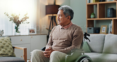 Buy stock photo Old man, wheelchair and thinking sad in home for retirement memory loss or nostalgia thought, wondering or lounge. Mobility aid, contemplating and person with disability in apartment, grief or lonely