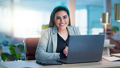 Buy stock photo Portrait, office and woman with laptop, smile and confidence with connection, internet and planning. Happy research, networking and girl with computer, financial administration and consulting at desk