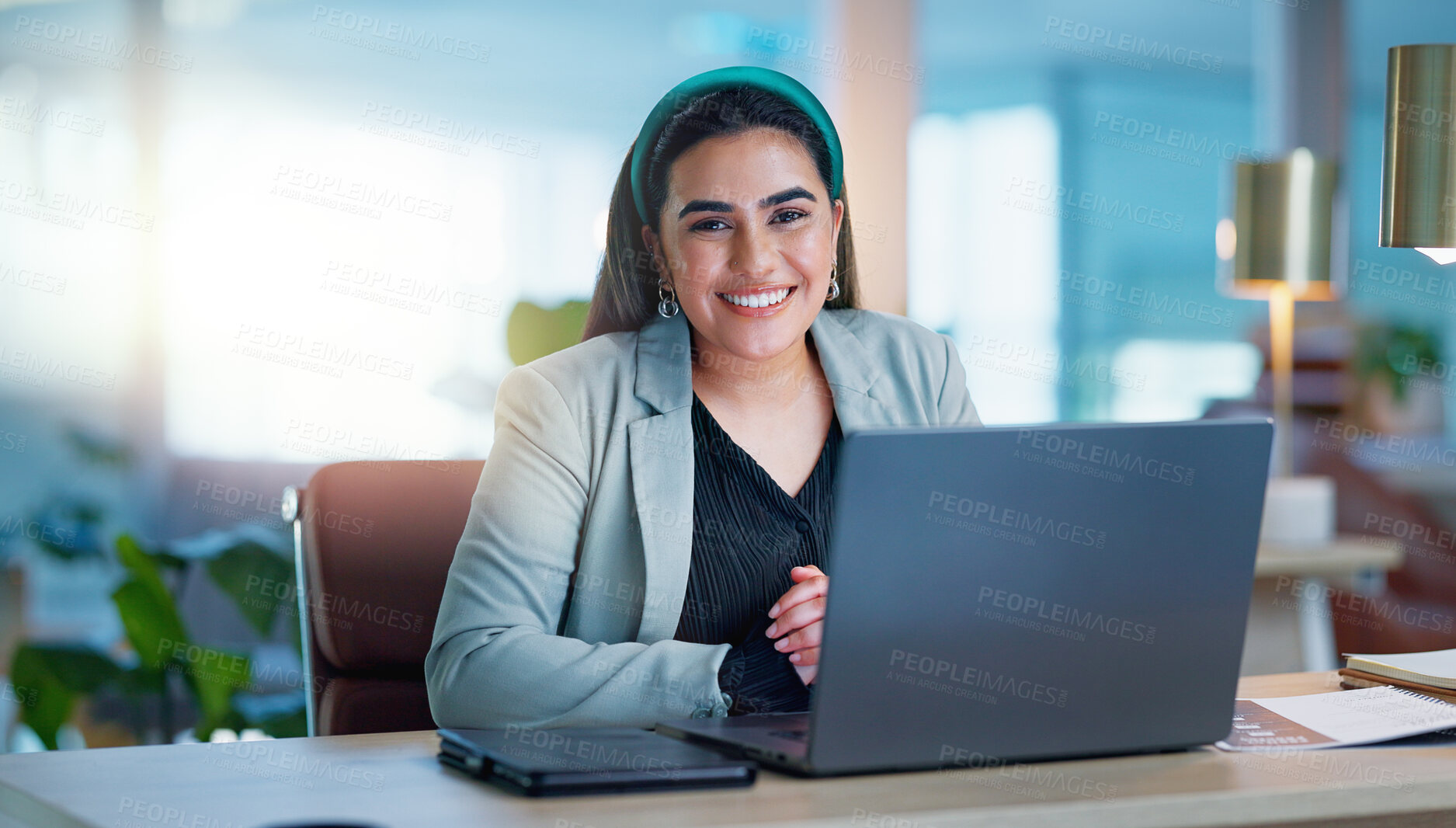 Buy stock photo Portrait, office and woman with laptop, smile and confidence with connection, internet and planning. Happy research, networking and girl with computer, financial administration and consulting at desk