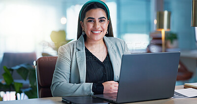 Buy stock photo Portrait, business and woman with laptop, smile and confidence with connection, internet and planning. Happy research, networking and girl with computer, website administration and consulting at desk