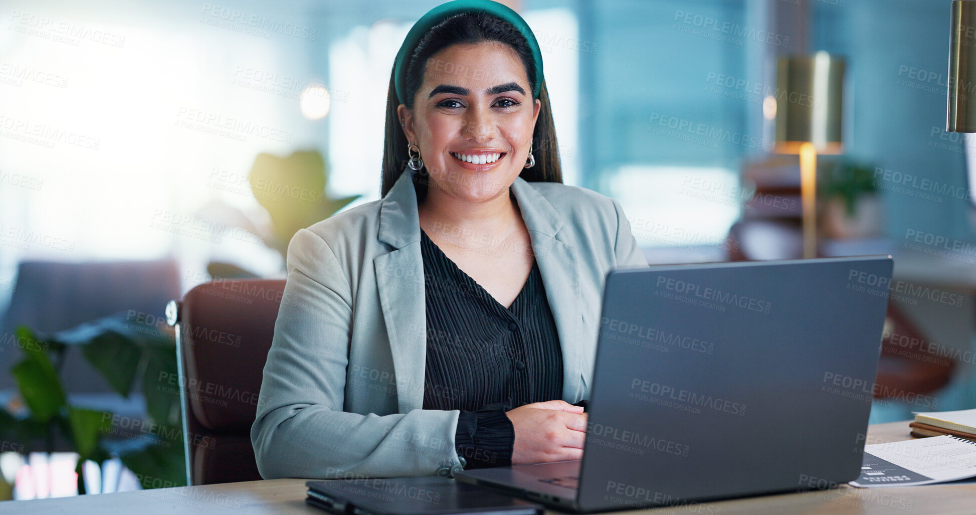 Buy stock photo Portrait, business and woman with laptop, smile and confidence with connection, internet and planning. Happy research, networking and girl with computer, website administration and consulting at desk