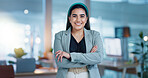 Face, arms crossed and happy business woman in office, corporate company or workplace. Portrait, confidence and professional entrepreneur, consultant or employee smile for pride in career in Brazil