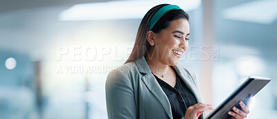 Buy stock photo App, smile and tablet with business woman in office for learning, reading or research. Internet, software and technology with happy professional employee in corporate workplace for email feedback