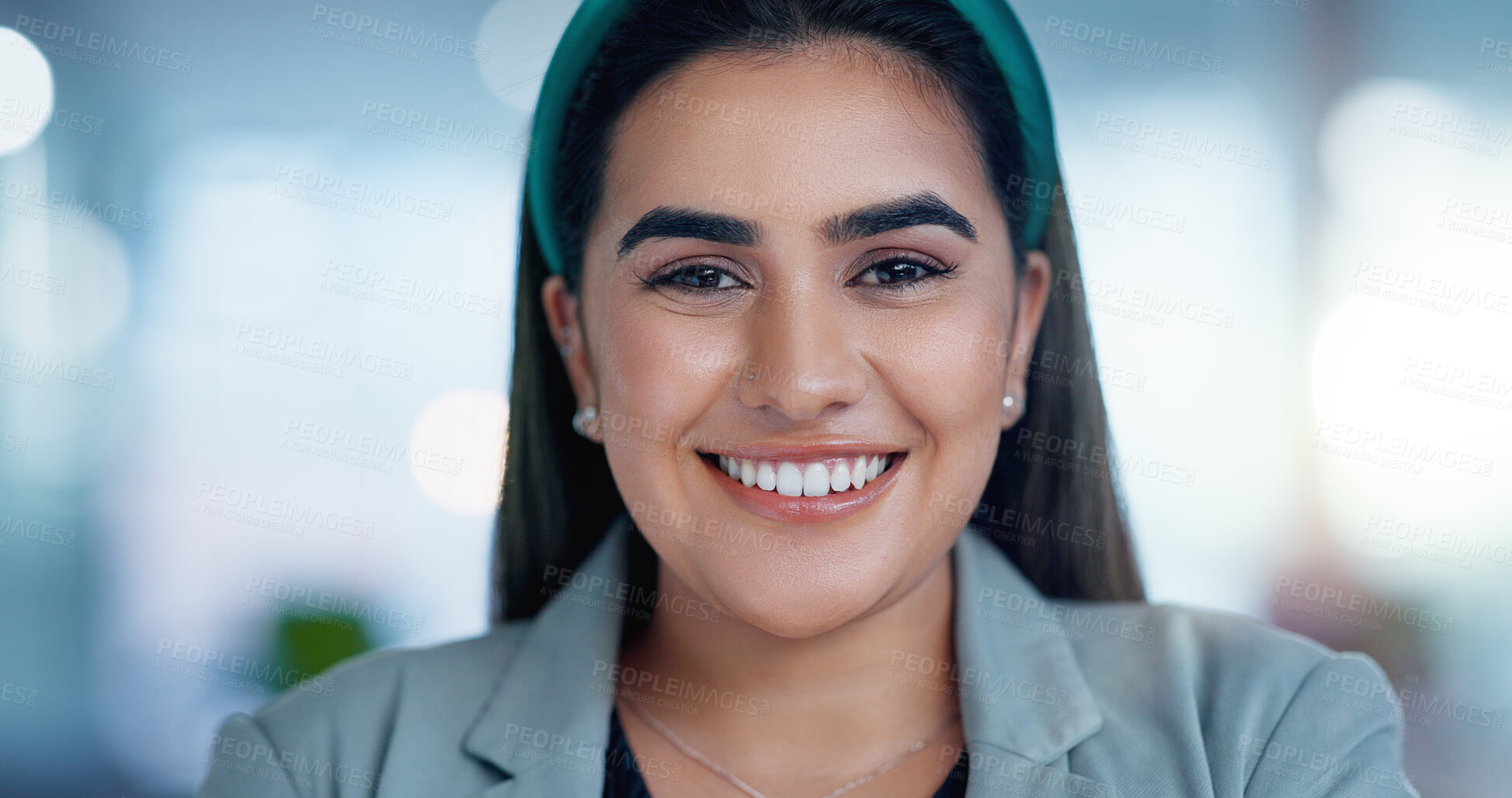 Buy stock photo Portrait, female person and confident in arms crossed as happy, professional in office for company. Businesswoman, smile and entrepreneur in workplace as consultant or lawyer with pride in Brazil