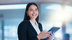 Business, face and woman with a tablet, smile or email with connection, employee or search internet. Person, worker or consultant with technology, digital app or website information or online reading