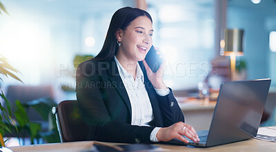 Business, phone call and woman with a laptop, typing and connection with planning, search internet and website information. Professional, consultant and employee with a pc, cellphone or communication