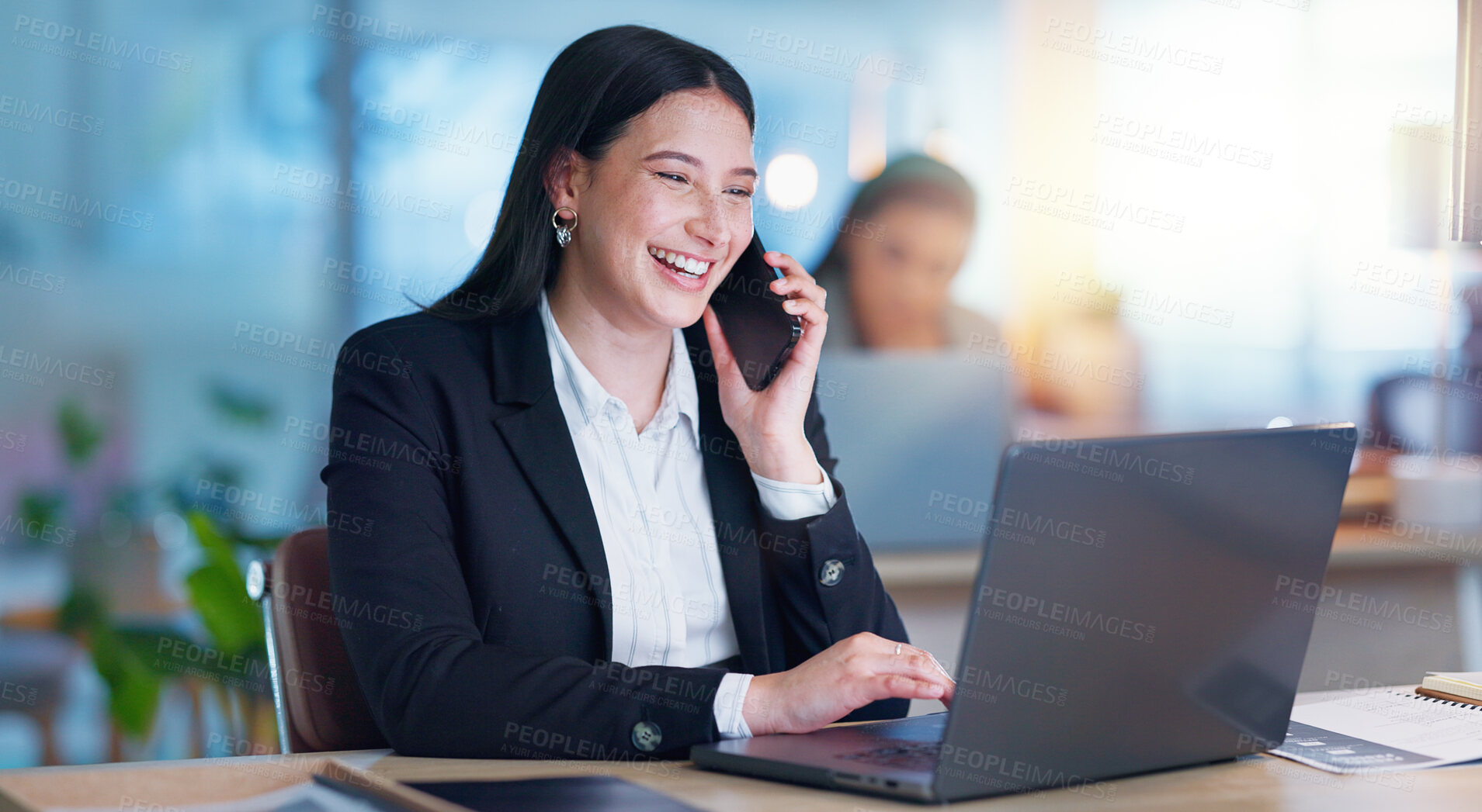 Buy stock photo Phone call, business and happy woman with laptop, consulting and advisor with connection, internet and planning. Communication, networking and girl with computer, smartphone and discussion in office