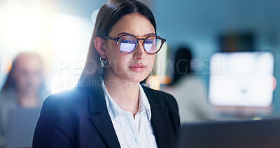 Buy stock photo Glasses, business and woman with laptop, reading and reflection with connection, internet and planning ideas. Research, networking and girl with computer, website administration and consulting email