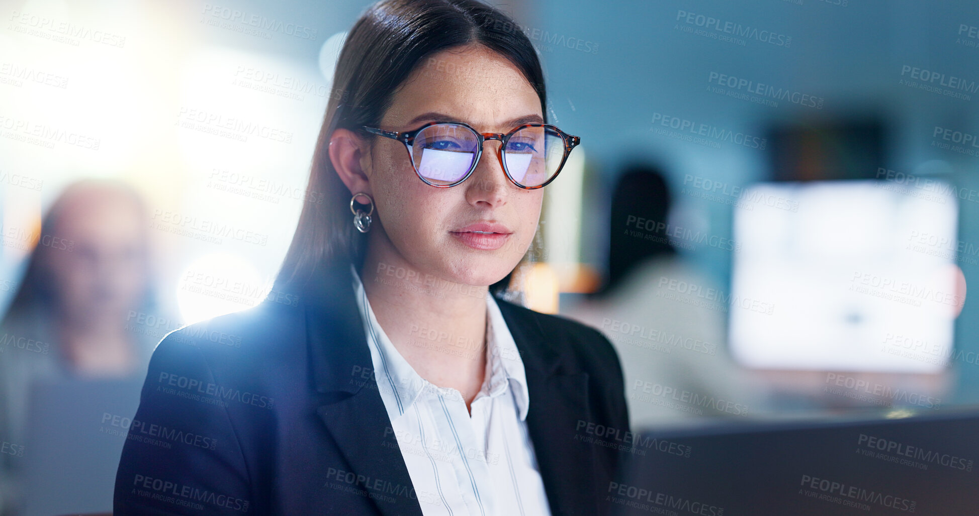 Buy stock photo Glasses, business and woman with laptop, reading and reflection with connection, internet and planning ideas. Research, networking and girl with computer, website administration and consulting email