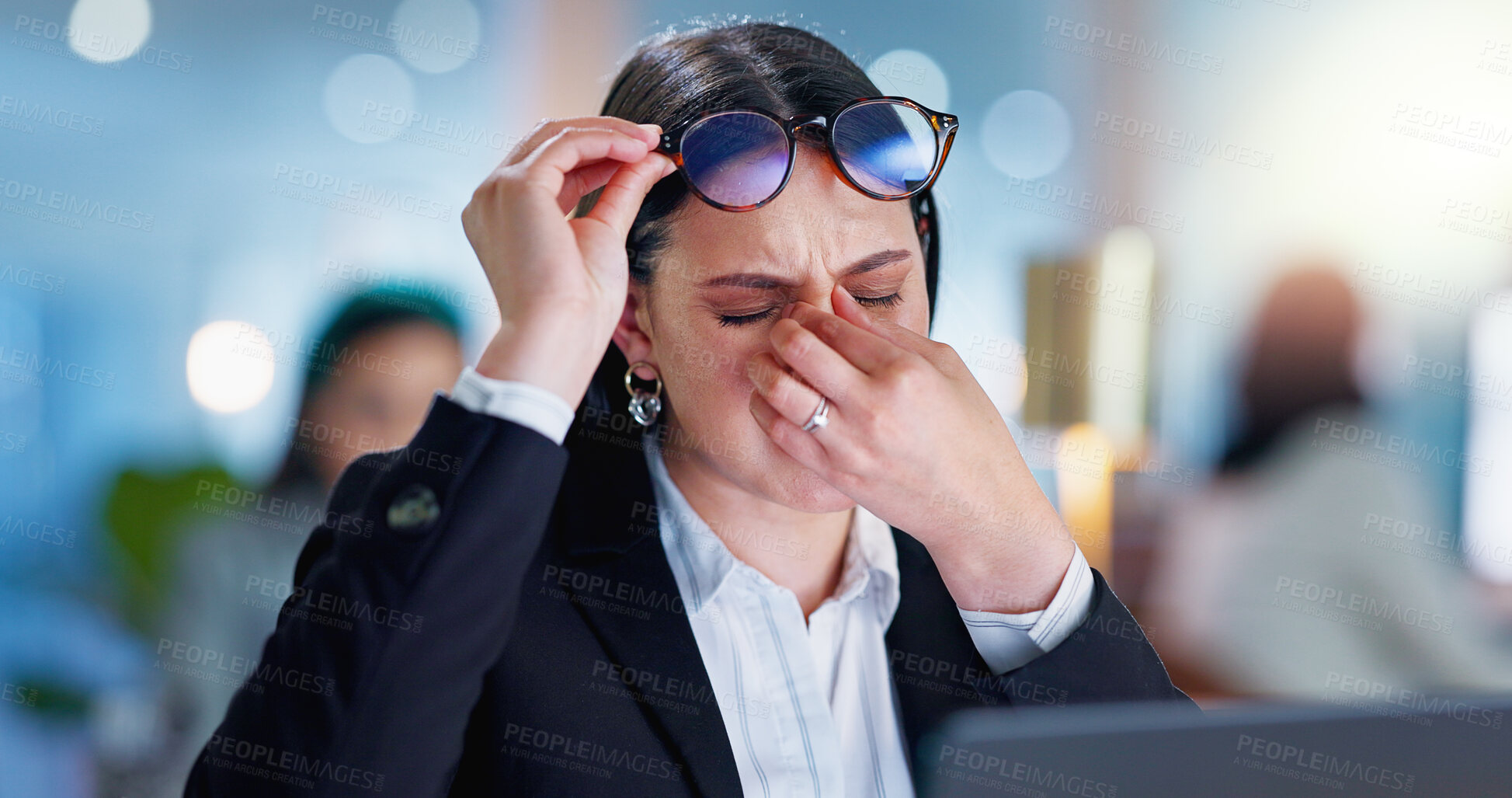 Buy stock photo Glasses, business and woman with laptop, headache and stress in office with fatigue, internet and burnout. Research, networking and exhausted girl with computer, admin and tired consultant at desk.