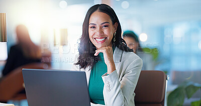 Buy stock photo Portrait, business and happy woman with laptop, confidence and consulting office for online research agency. Planning, networking and woman with computer, financial administration and support at desk