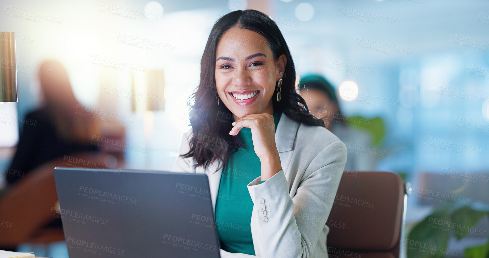 Buy stock photo Portrait, business and happy woman with laptop, confidence and consulting office for online research agency. Planning, networking and woman with computer, financial administration and support at desk