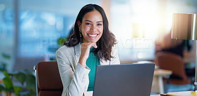 Buy stock photo Portrait, smile and businesswoman with laptop, confidence and consulting business for online research agency. Planning, networking and happy woman with computer, financial administration and office