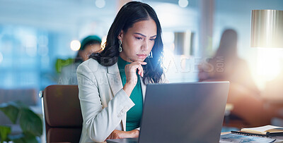 Thinking, consultant and woman with a laptop, brainstorming and problem solving with opportunity, ideas and planning. Person, worker or employee with a pc, solution or feedback with network and email