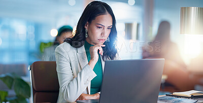 Buy stock photo Thinking, consultant and woman with a laptop, brainstorming and problem solving with opportunity, ideas and planning. Person, worker or employee with a pc, solution or feedback with network and email