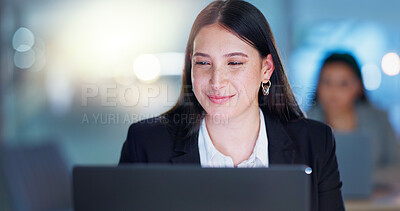 Buy stock photo Lawyer, woman and laptop in night, smile and thinking in office with problem solving for solution. Person, attorney or advocate with idea by computer, research or investigation at corporate law firm