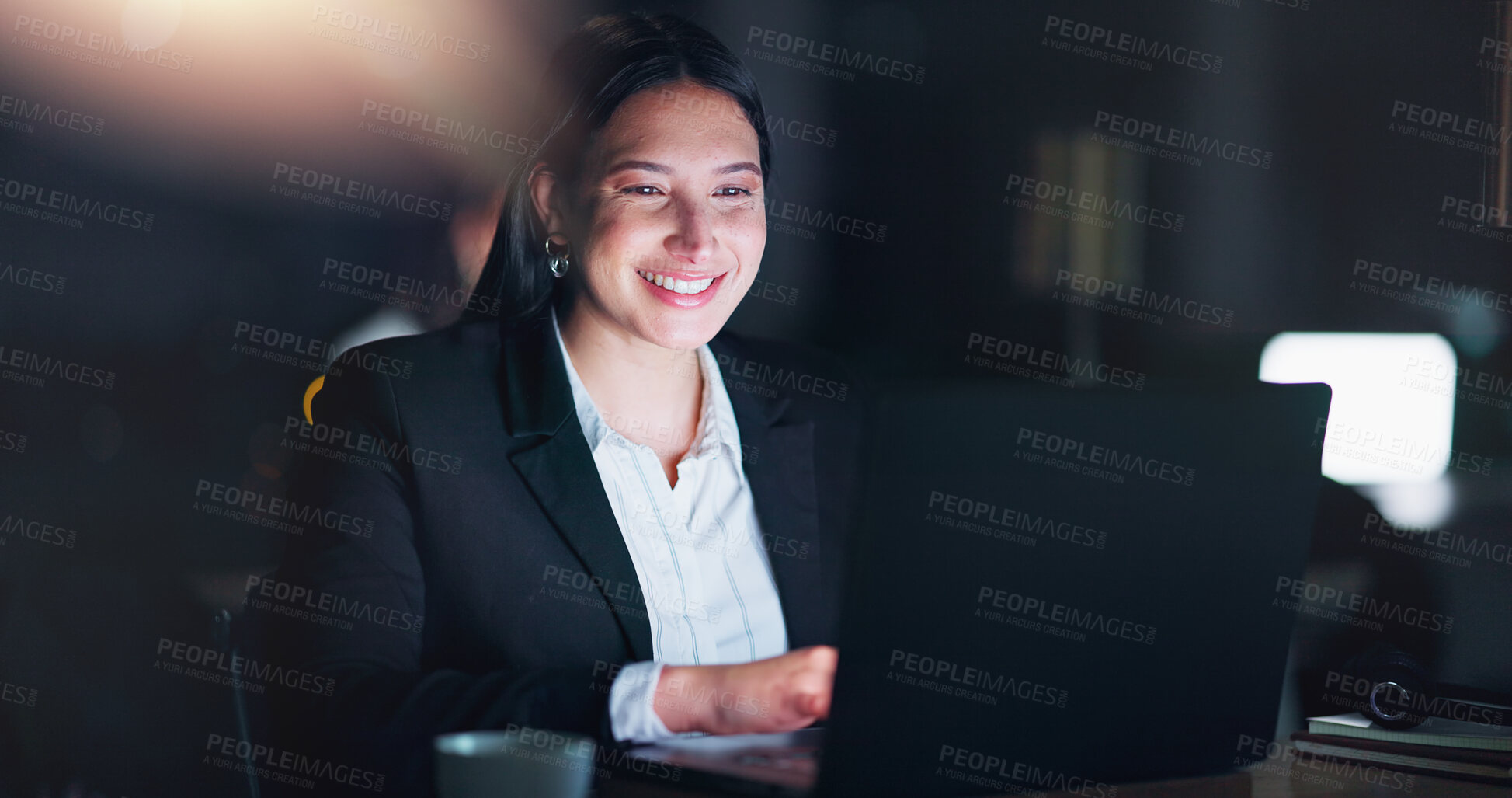 Buy stock photo Night, business and woman with laptop, thinking and problem solving with connection, internet and planning ideas. Research, networking and girl with computer, web admin and consulting in dark office