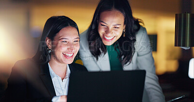 Buy stock photo Laptop, tablet and collaboration with business people at night in the office together for teamwork. Technology, smile and a happy employee team of women working on a project or report in the evening