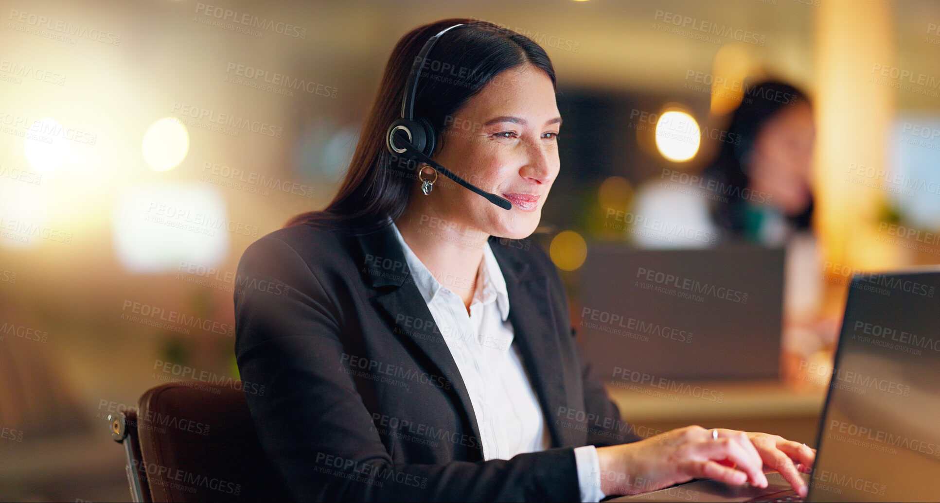 Buy stock photo Woman, call center and laptop for typing in office with smile for customer service, help desk and contact us. Agent, consultant and happy with computer for legal advice, microphone and headphones