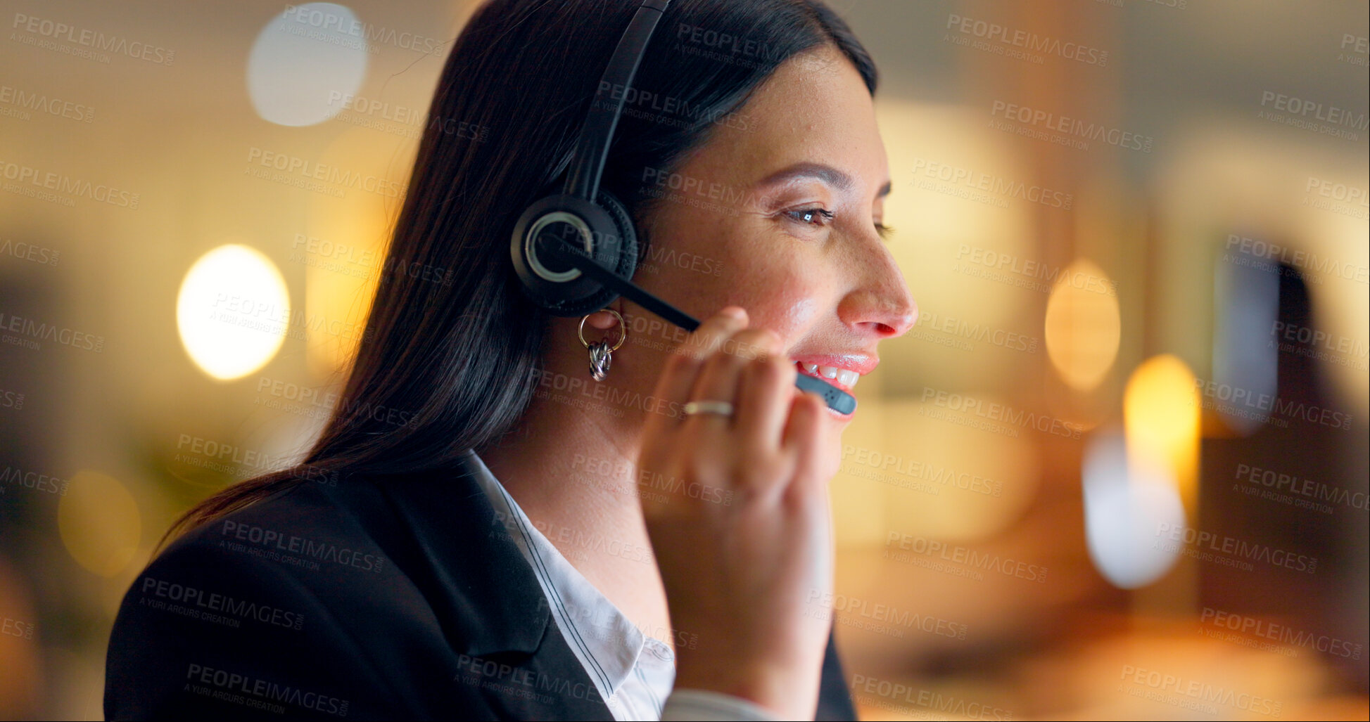 Buy stock photo Woman, telemarketing and consulting at night in office for customer service, CRM advisory and funny communication. Face, agent and laugh in call center for telecom support, FAQ contact and questions