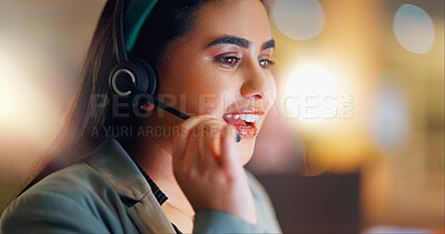 Call center, woman and happy communication at night in office for customer service, CRM advisory and consulting. Face, indian agent and questions for telecom support, contact and telemarketing advice
