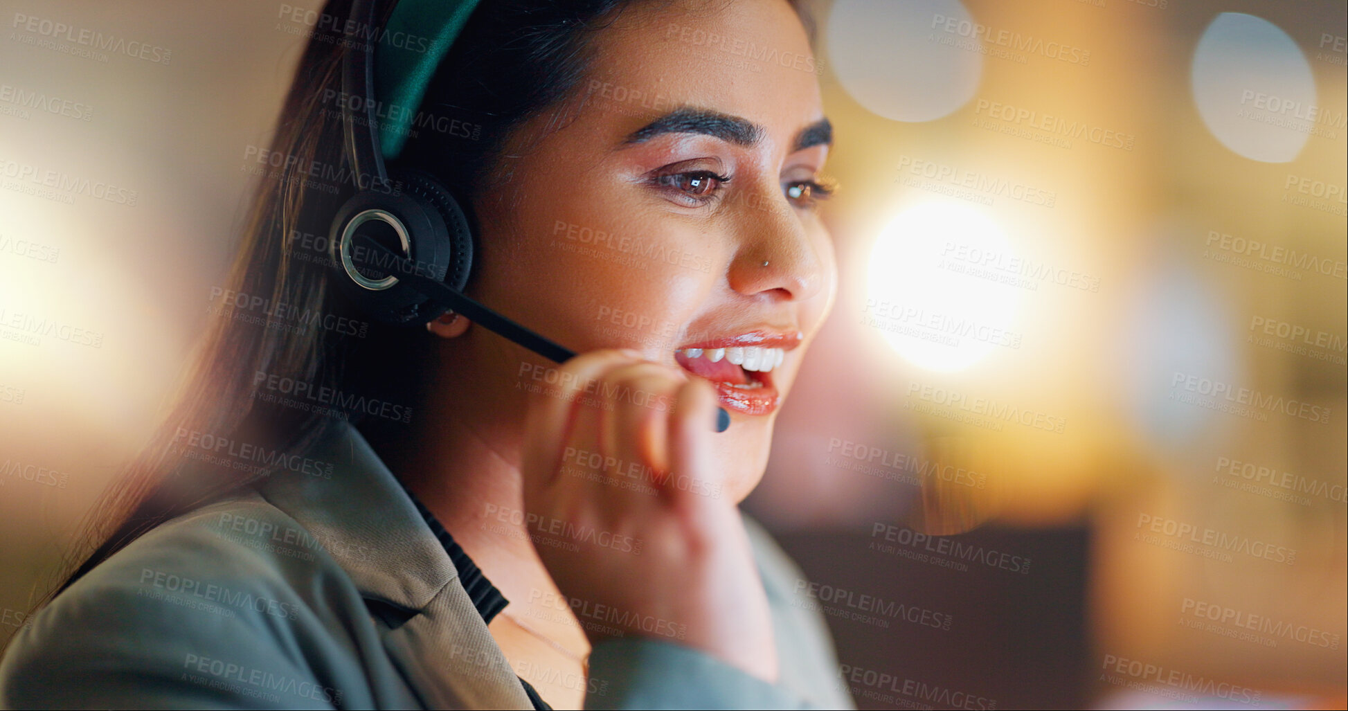 Buy stock photo Happy woman, call center and communication with headphones at night in office for customer service and help. Face, virtual assistant and faq for telecom support, contact and telemarketing advice