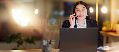 Buy stock photo Call center, laptop and woman at night in office for customer service, CRM advisory and sales questions. Happy virtual assistant talking on computer in telecom support, communication or telemarketing