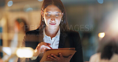 Buy stock photo App, tablet and window with business woman in office for learning, reading or research. Internet, software and tech with professional employee in corporate glass workplace for email feedback