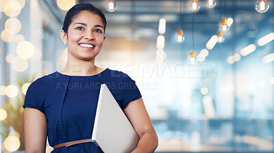 Buy stock photo Laptop, smile and vision with business woman on bokeh background for future planning or thinking. Computer, idea and opportunity with happy employee in workplace for start of new career as intern
