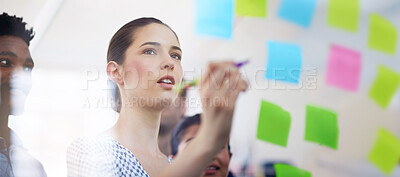 Buy stock photo Business, woman and glass wall for sticky note with teamwork, writing and planning strategy for seo project. Design staff, moodboard and brainstorming ideas for problem solving with goals and agenda