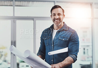 Buy stock photo Man, architecture and office portrait with blueprint, project management and civil engineering or career. Mature architect, project and design or property development, proud and happy or professional