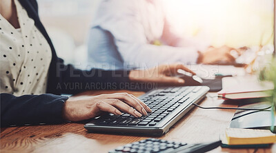 Buy stock photo Hands, keyboard and typing in office with people, computer and editing with report, proposal and media. Writer, pc and process for development, project or info in workplace at startup creative agency