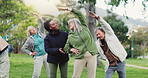 Yoga class, park and senior group with instructor exercise together in nature for health and wellness training. Peace, balance and elderly people outdoor workout or stretching for body fitness