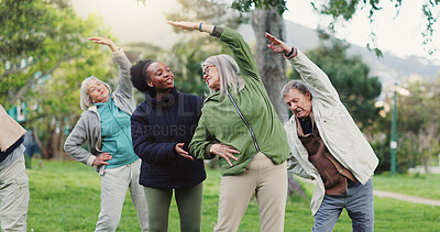 Buy stock photo Yoga class, park and senior group with instructor exercise together in nature for health and wellness training. Peace, balance and elderly people outdoor workout or stretching for body fitness