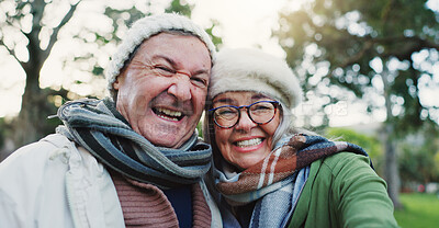 Buy stock photo Face selfie, kiss and senior happy couple bond together, care and memory photo of old woman, man or marriage people. Affection, love portrait and elderly marriage partner with park profile picture