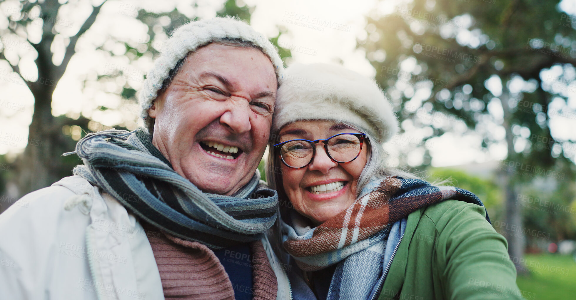 Buy stock photo Face selfie, kiss and senior happy couple bond together, care and memory photo of old woman, man or marriage people. Affection, love portrait and elderly marriage partner with park profile picture
